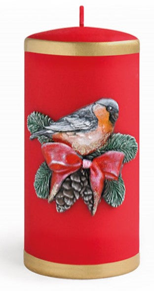 Świeca ZIMOWY PTASZEK walec duży 7x17,5cm parafinowa czerwona Mondex